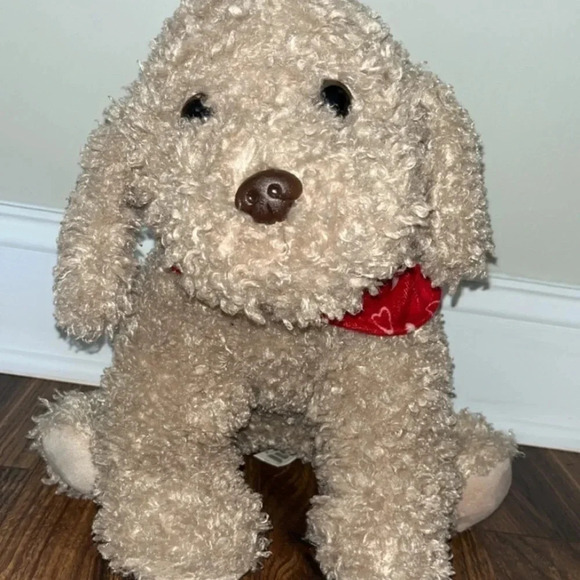 Kellytoy Puppy Dog Plush Stuffed Animal Tan Red White Heart Bandana Curly Coat - Picture 1 of 6